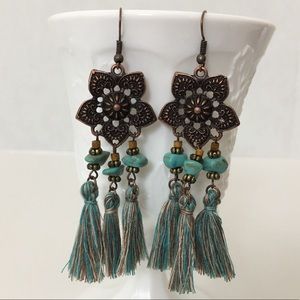 Antiqued Bronze Floral Turquoise Tassel Earring